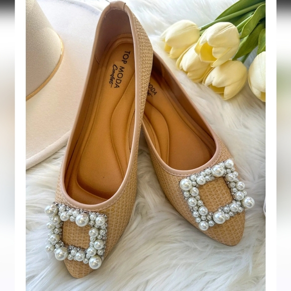 NEW Top Moda Comfort She's Sophisticated Woven Tan Cream & Pearl Buckle Flats 6 - Picture 13 of 13